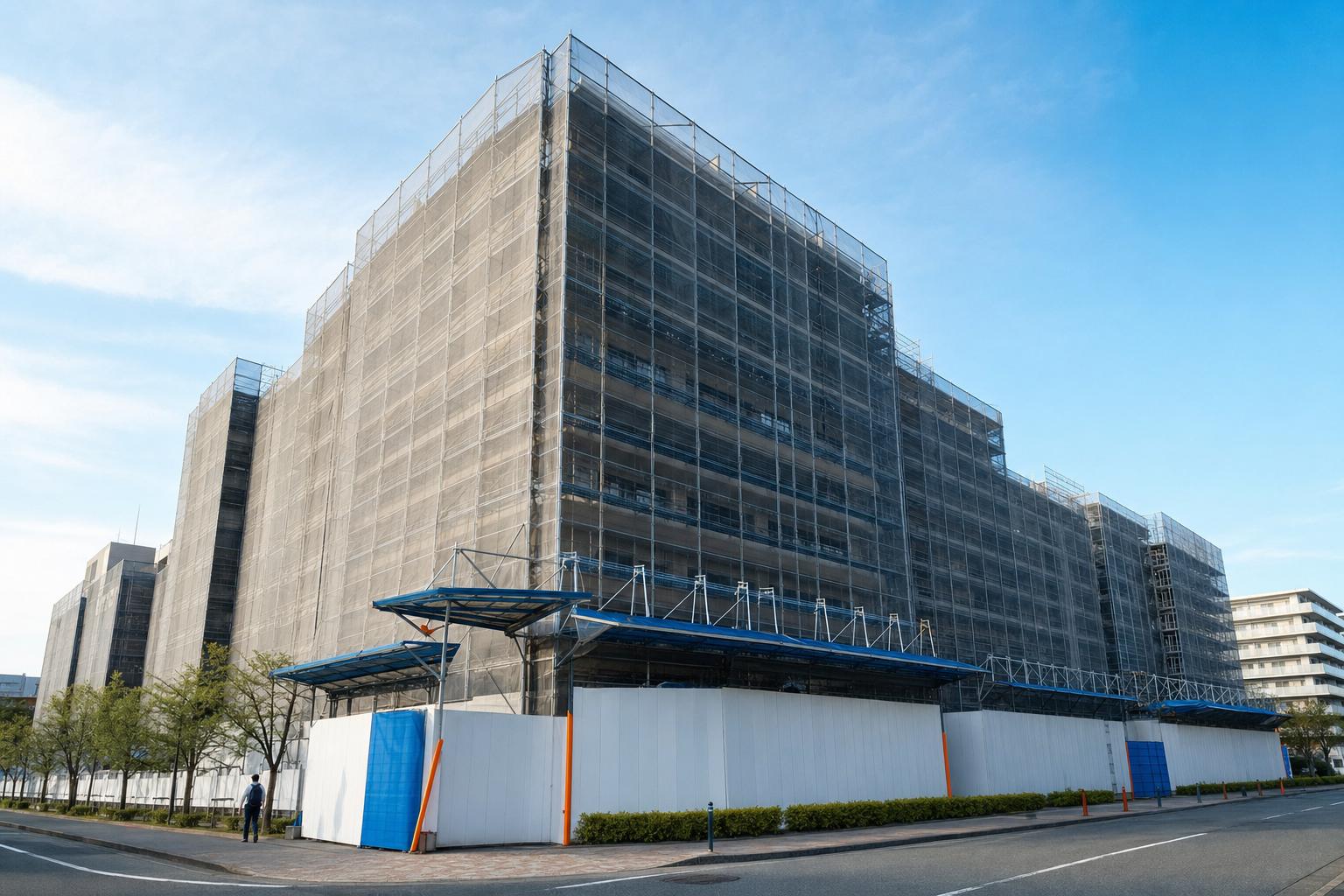 足場が架かった改修工事中のマンション外観